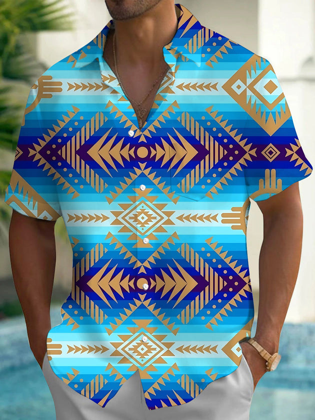 Vintage Gradient Geometric Print Men's Pocket Short Sleeve Shirts