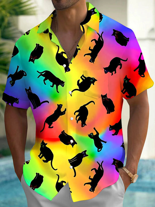 Colorful Gradient Cat Print Men's Pocket Short Sleeve Shirts