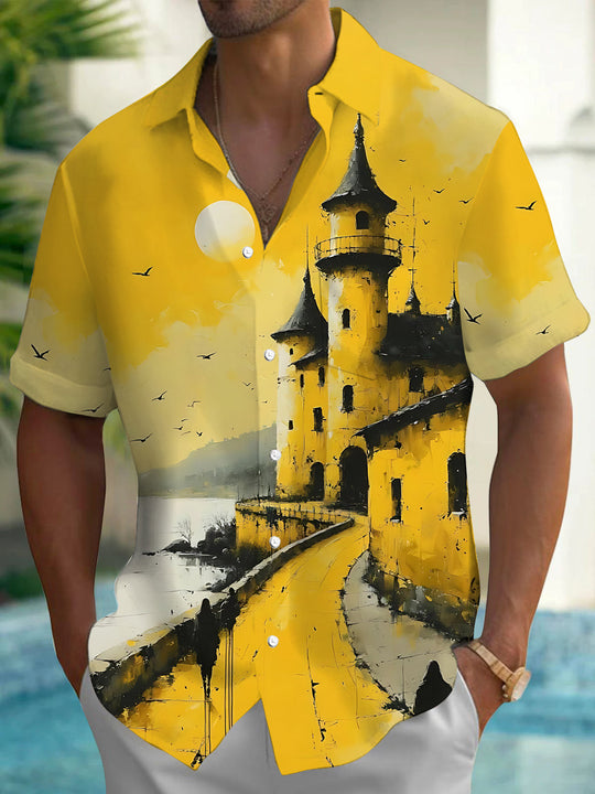Castle Art Print Men's Pocket Short Sleeve Shirts