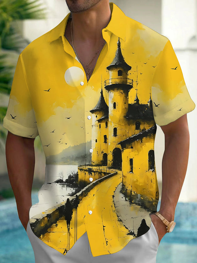 Castle Art Print Men's Pocket Short Sleeve Shirts