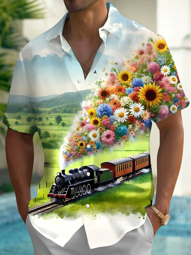 Train Floral Print Men's Pocket Short Sleeve Shirts
