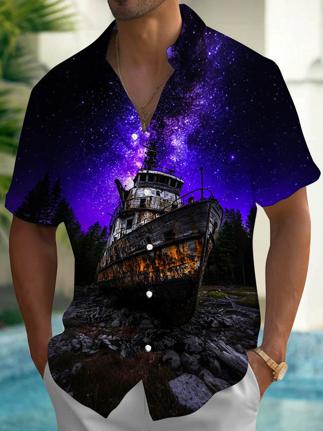 Purple Starry Sky Boat Print Men's Pocket Short Sleeve Shirts