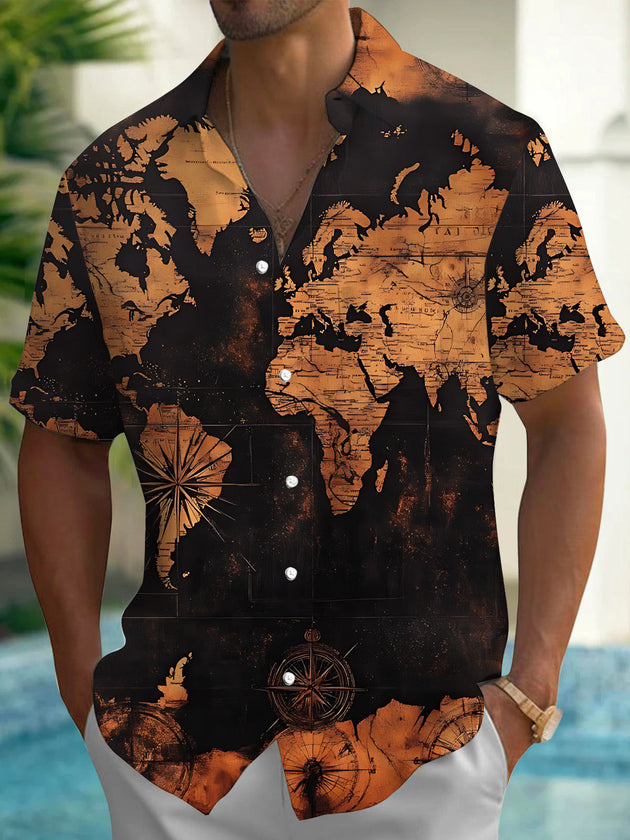 Vintage Map Print Men's Pocket Short Sleeve Shirts