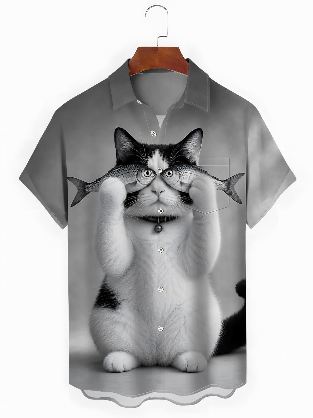 Funny Cat Fish Print Men's Pocket Short Sleeve Shirts