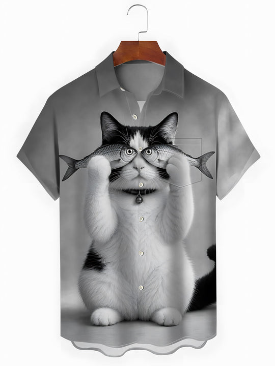 Funny Cat Fish Print Men's Pocket Short Sleeve Shirts
