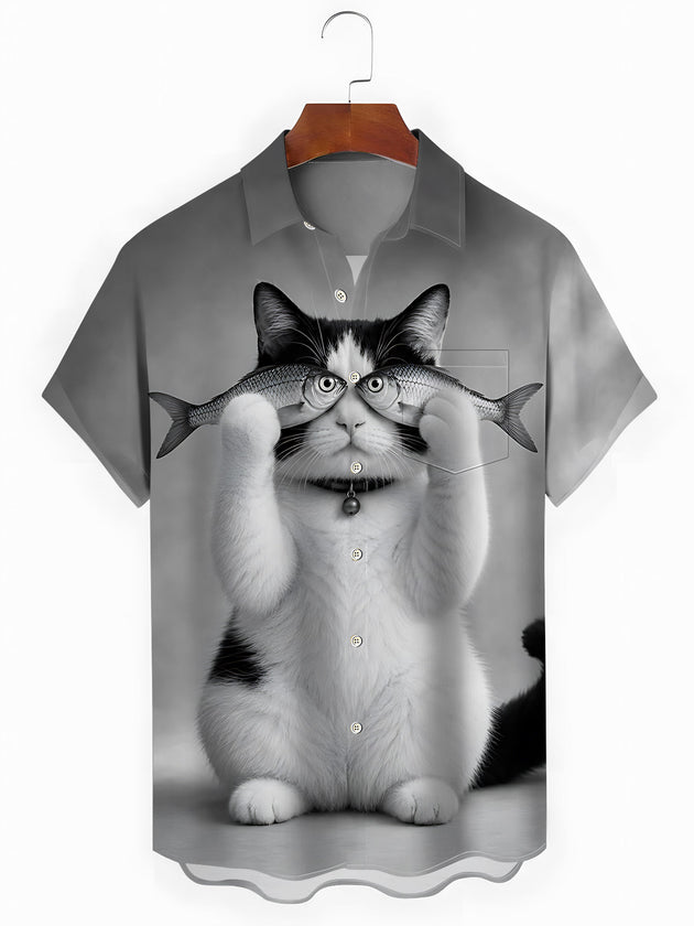 Funny Cat Fish Print Men's Pocket Short Sleeve Shirts