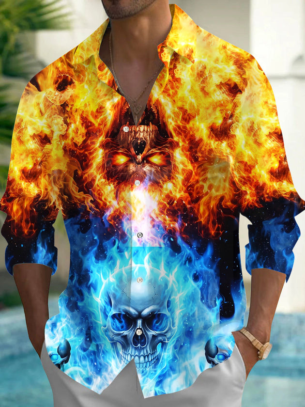 Fire Skull Print Men's Pocket Long Sleeve Shirts