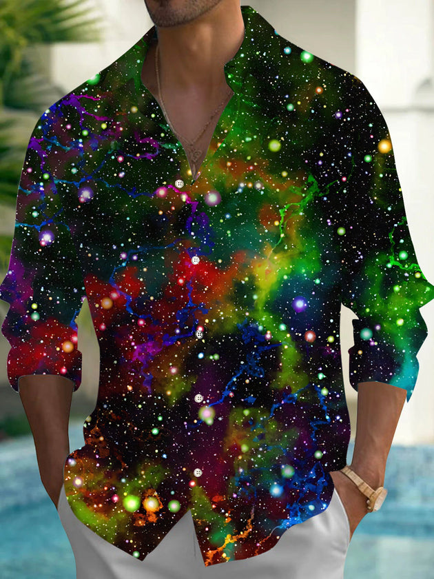 Galaxy Starry Sky Print Men's Pocket Long Sleeve Shirts