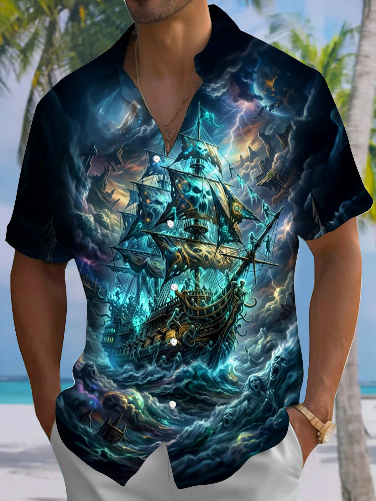 Skull Boat Print Men's Pocket Short Sleeve Shirts