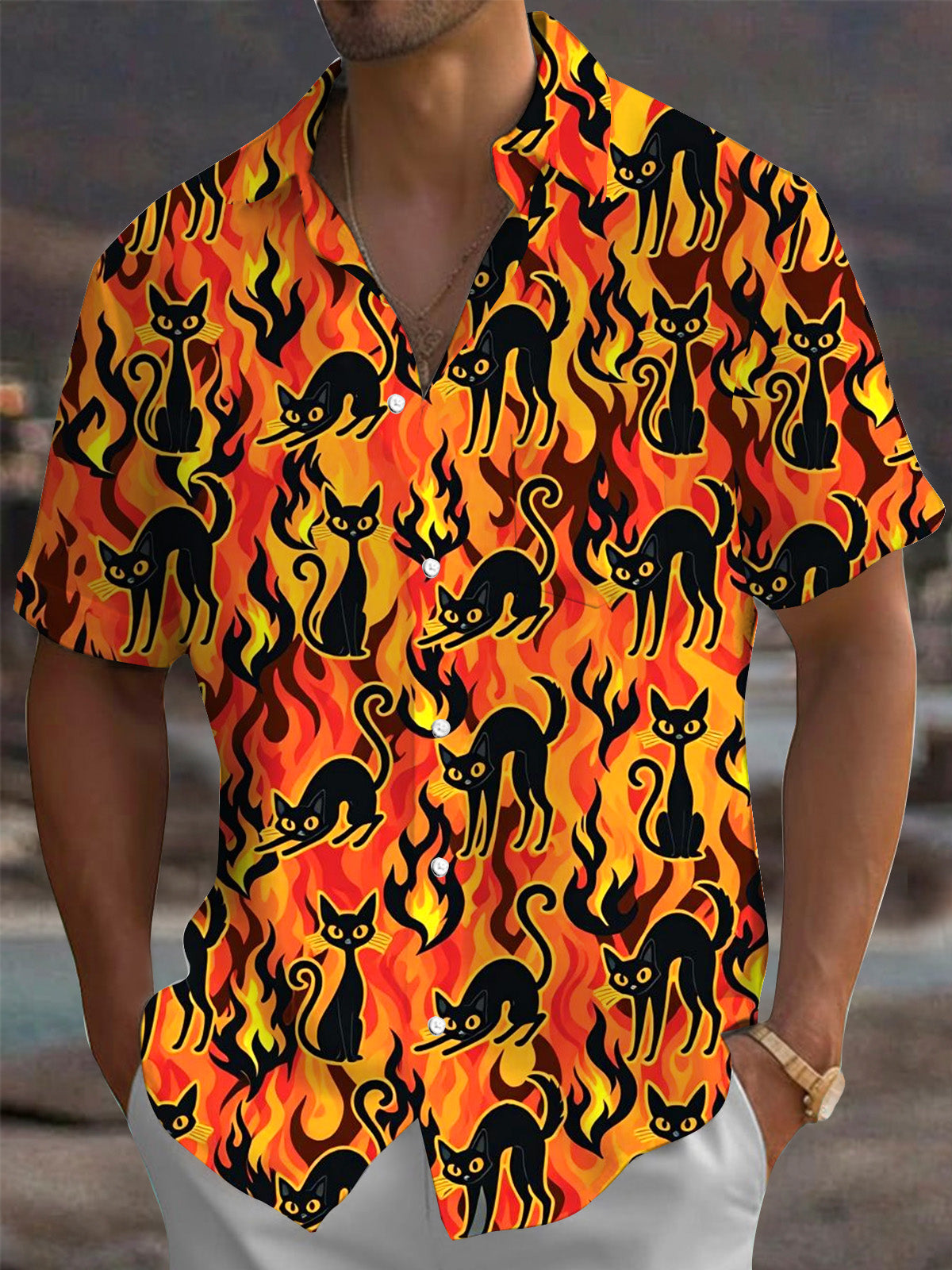 Halloween Black Cat Print Men's Pocket Short Sleeve Shirts