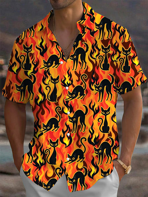 Halloween Black Cat Print Men's Pocket Short Sleeve Shirts