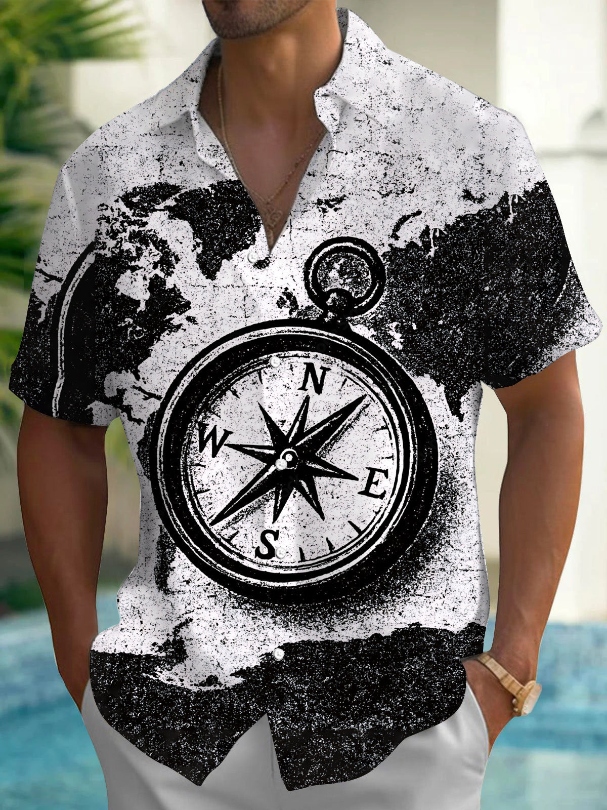 Vintage Compass Print Men's Pocket Short Sleeve Shirts