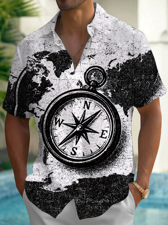 Vintage Compass Print Men's Pocket Short Sleeve Shirts