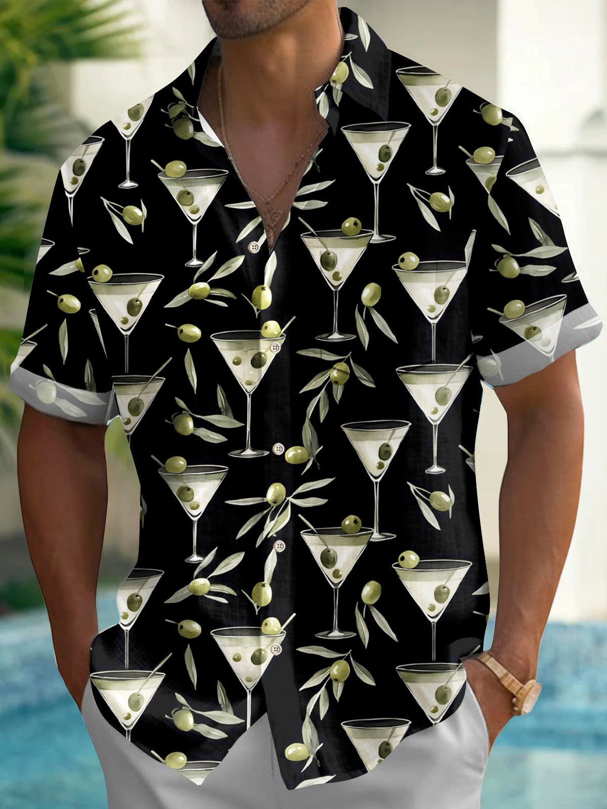 Vintage Cocktail Print Men's Pocket Short Sleeve Shirts