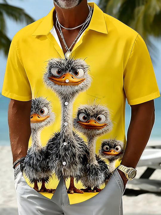 Funny Ostrich Print Men's Pocket Short Sleeve Shirts