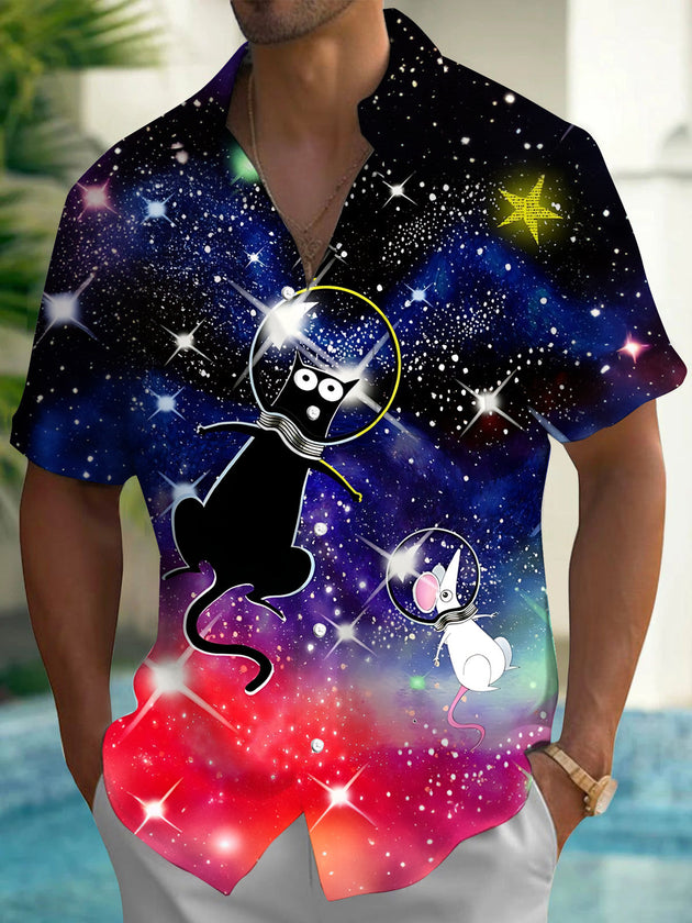 Space Cat Mouse Print Men's Pocket Short Sleeve Shirts