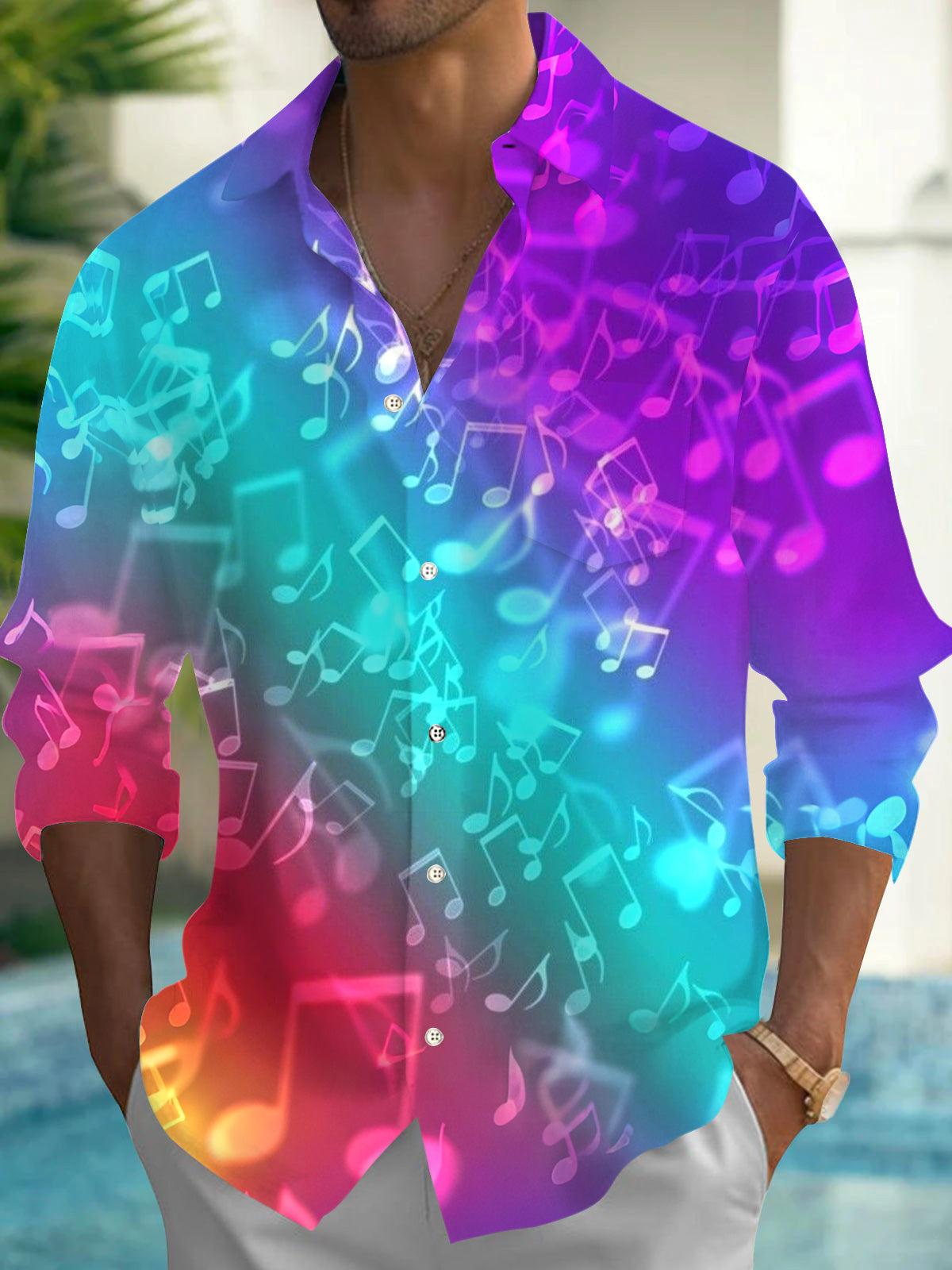 Gradient Note Print Men's Pocket Long Sleeve Shirts