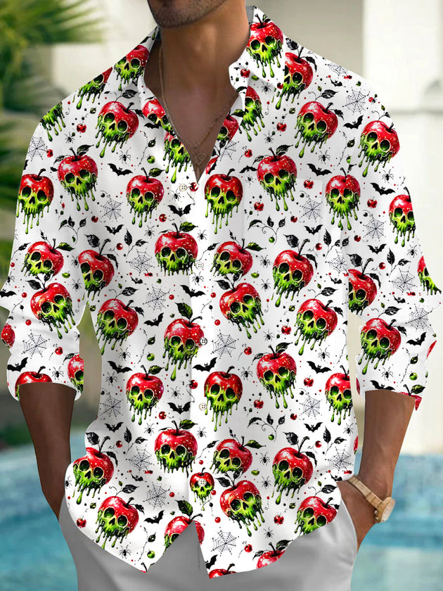 Halloween Apple Skull Print Men's Pocket Long Sleeve Shirts