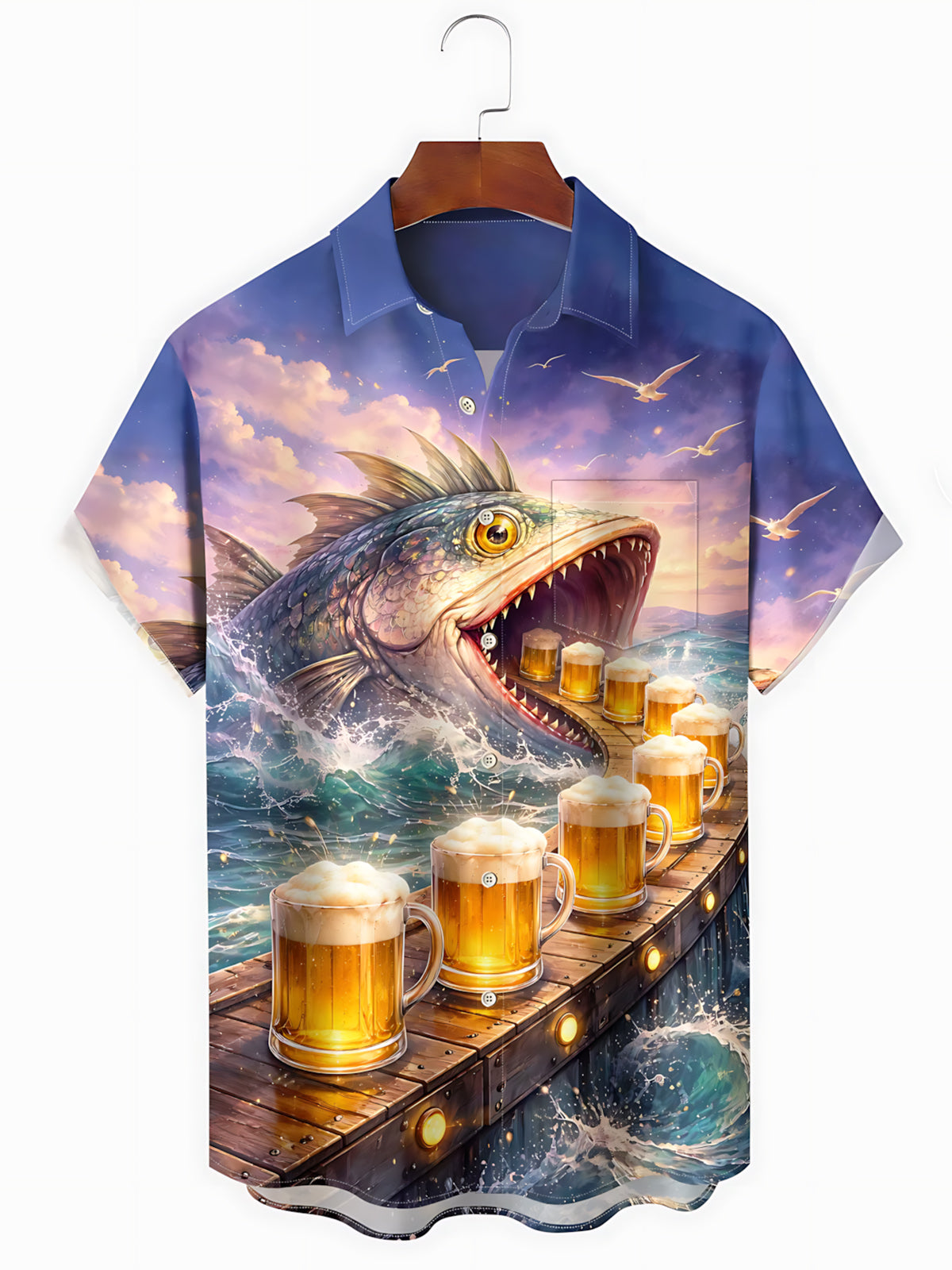 Shark Beer Print Men's Pocket Short Sleeve Shirts