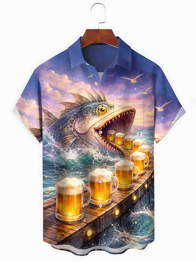 Shark Beer Print Men's Pocket Short Sleeve Shirts