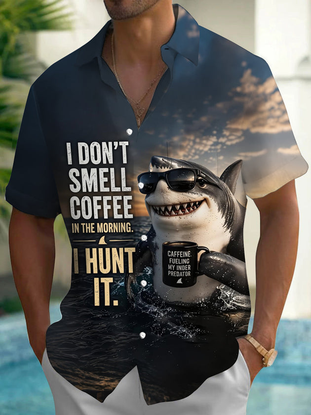 Funny Coffee Shark Slogan Print Men's Pocket Short Sleeve Shirts
