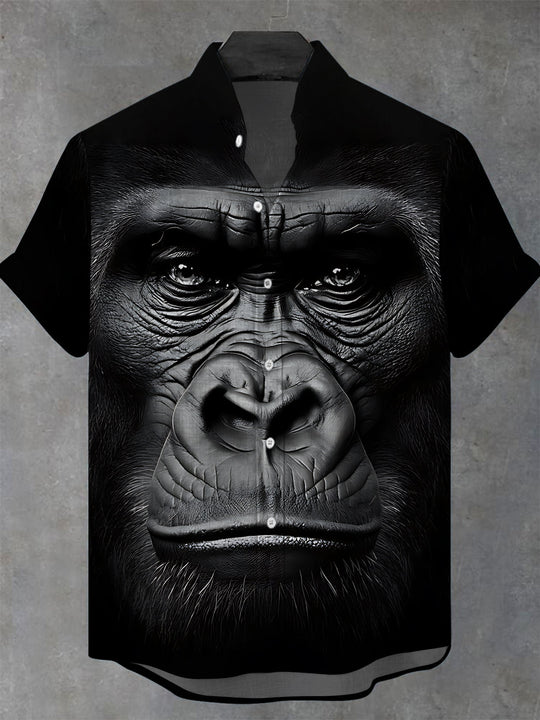 Orangutan Print Men's Pocket Short Sleeve Stand Collar Shirts
