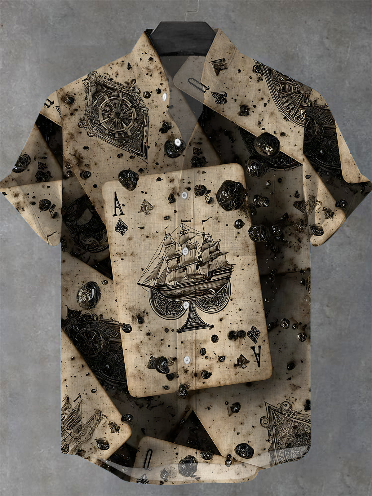 Vintage Poker Boat Print Men's Pocket Short Sleeve Stand Collar Shirts