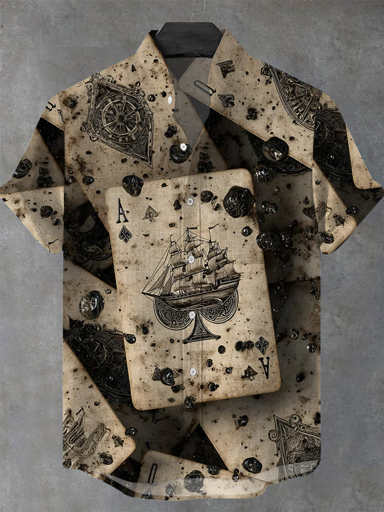Vintage Poker Boat Print Men's Pocket Short Sleeve Stand Collar Shirts