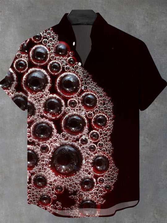 Red Wine Print Men's Pocket Short Sleeve Stand Collar Shirts