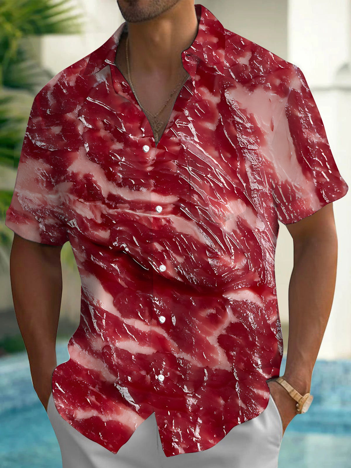 Raw Beef Print Men's Pocket Short Sleeve Shirts