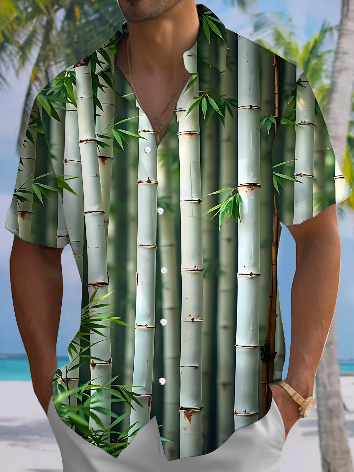 Bamboo Print Men's Pocket Short Sleeve Shirts