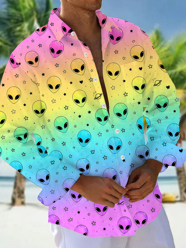 Colorful Gradient Alien Print Men's Pocket Long Sleeve Shirts