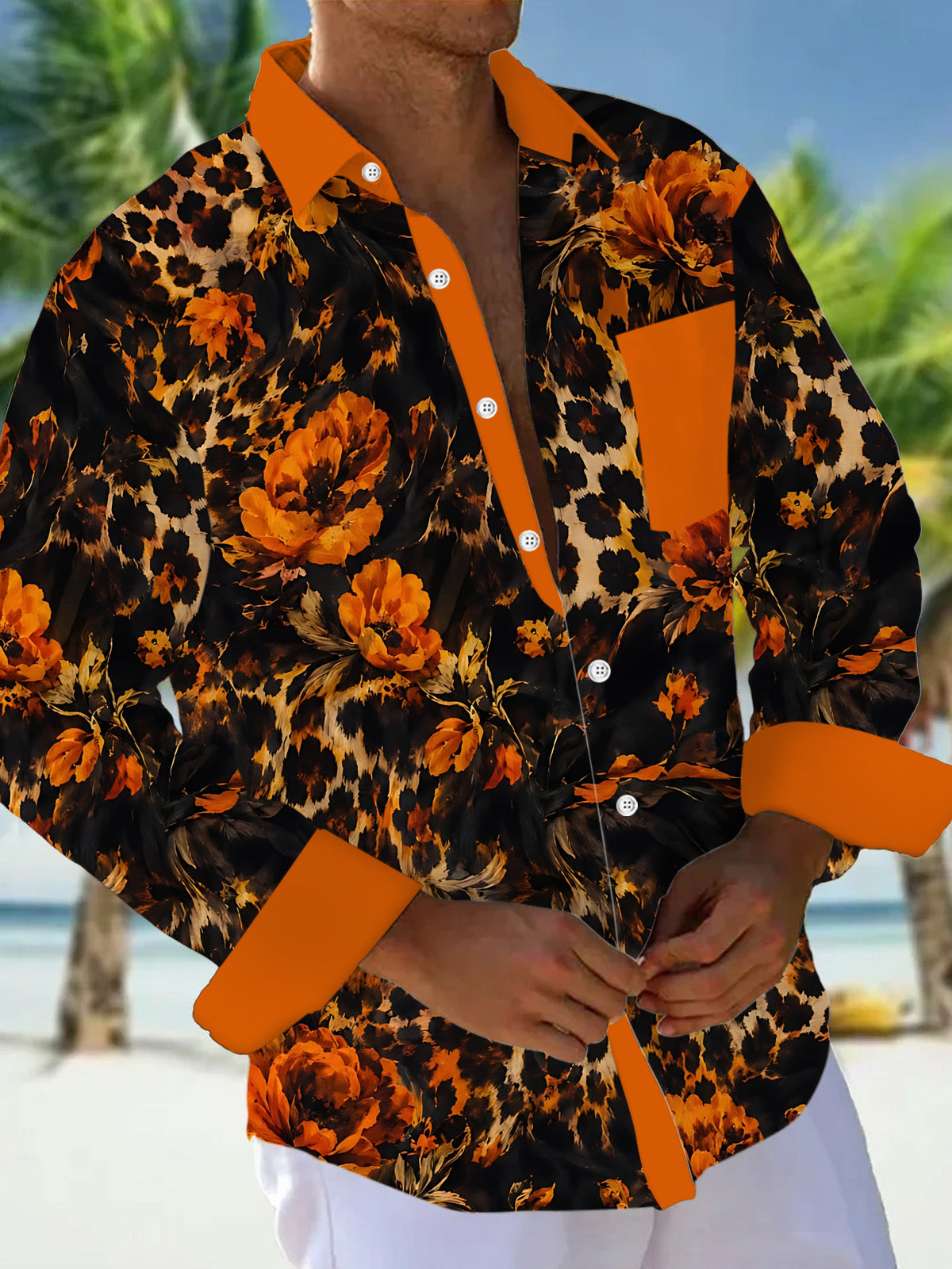 Leopard Floral Print Men's Pocket Long Sleeve Shirts