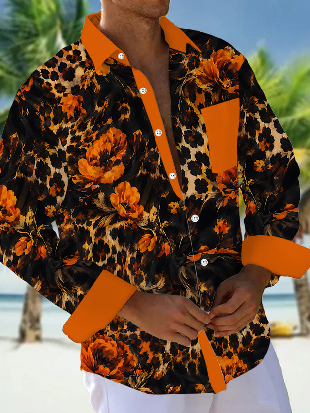 Leopard Floral Print Men's Pocket Long Sleeve Shirts