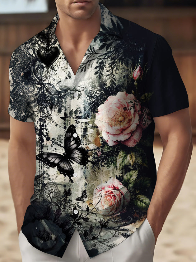 Gothic Dark Butterfly Floral Print Men's Pocket Short Sleeve Shirts