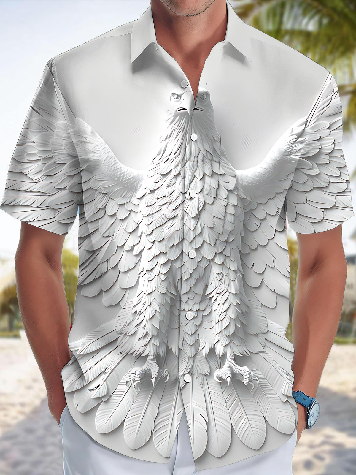 Relief Eagle Print Men's Pocket Short Sleeve Shirts