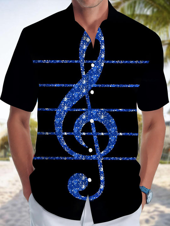 Music Note Print Men's Pocket Short Sleeve Shirts