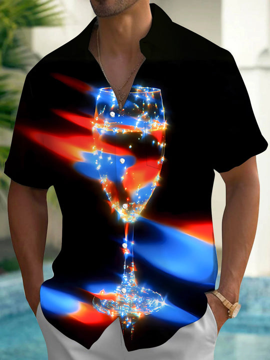 Champagne Glass Print Men's Pocket Short Sleeve Shirts