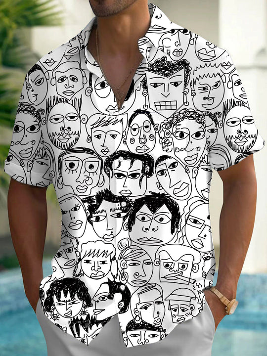 Abstract Face Art Print Men's Pocket Short Sleeve Shirts