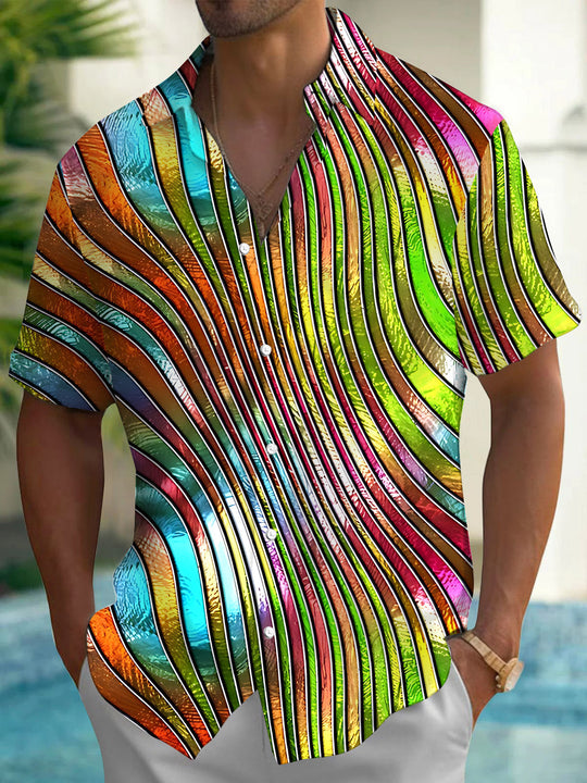 Gradient Line Print Men's Pocket Short Sleeve Shirts