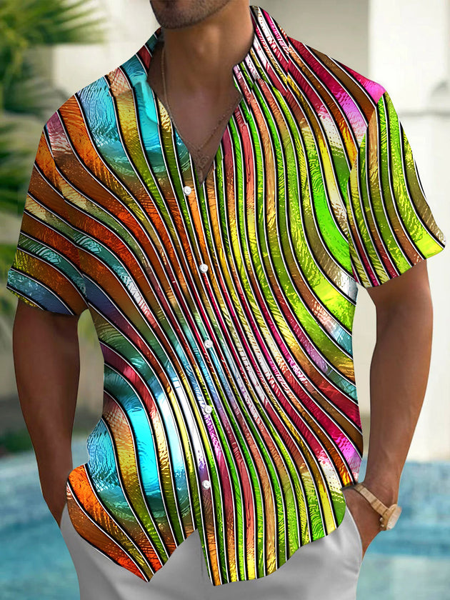 Gradient Line Print Men's Pocket Short Sleeve Shirts