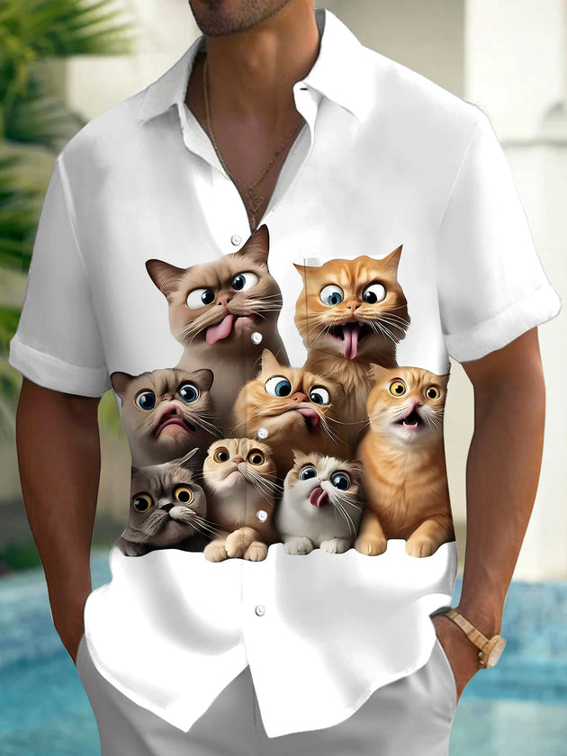 Funny Cat Print Men's Pocket Short Sleeve Shirts