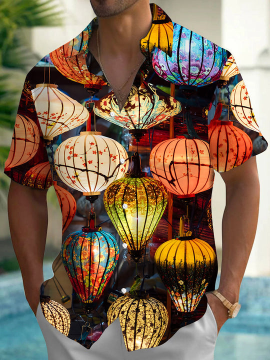 Vintage Lantern Print Men's Pocket Short Sleeve Shirts