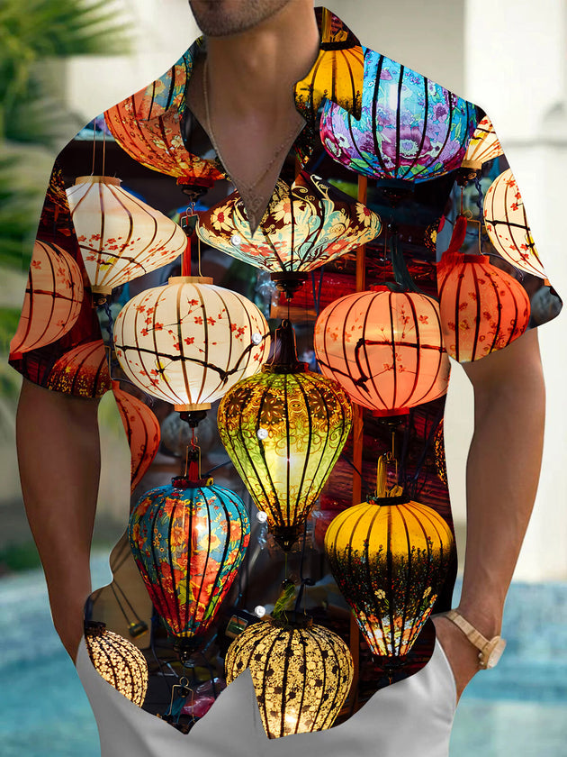 Vintage Lantern Print Men's Pocket Short Sleeve Shirts
