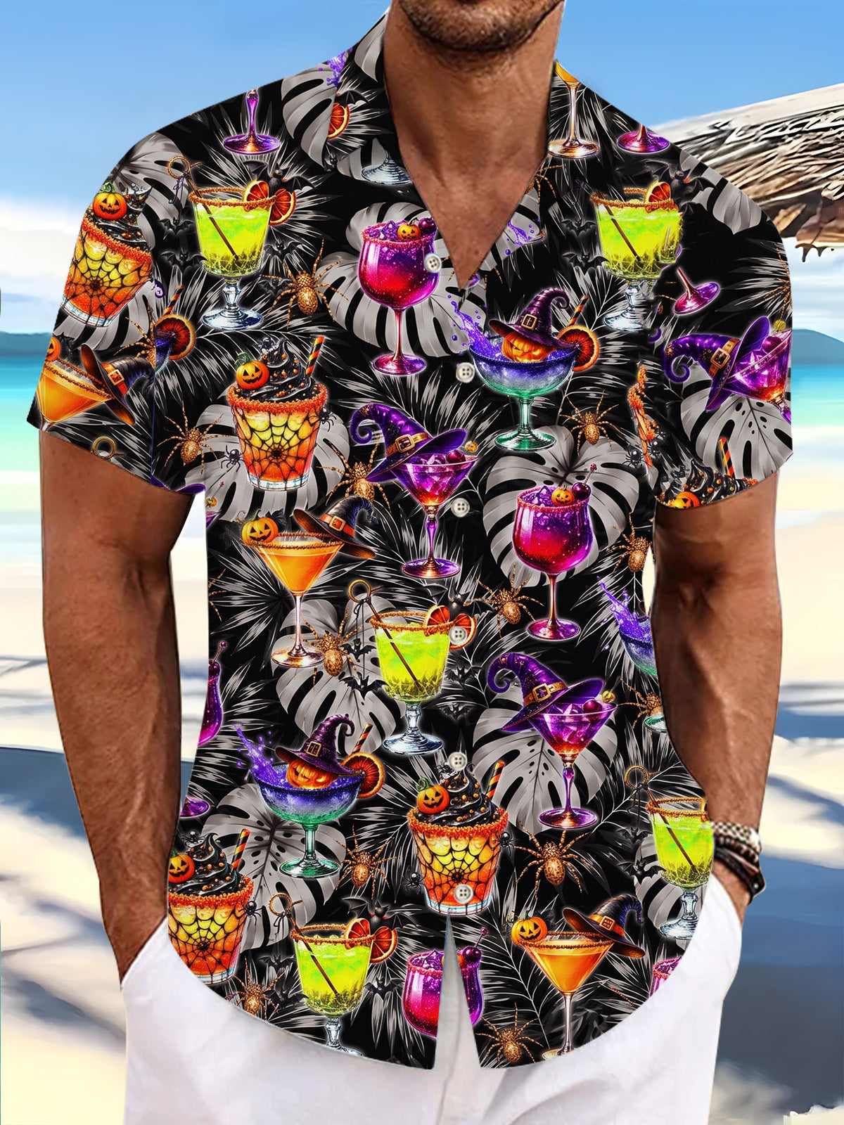Halloween Cocktail Leaf Print Men's Pocket Short Sleeve Shirts