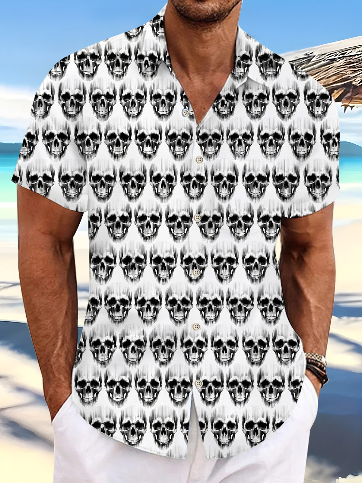Skull Print Men's Pocket Short Sleeve Shirts
