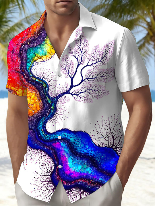 Colorful Tree Print Men's Pocket Short Sleeve Shirts