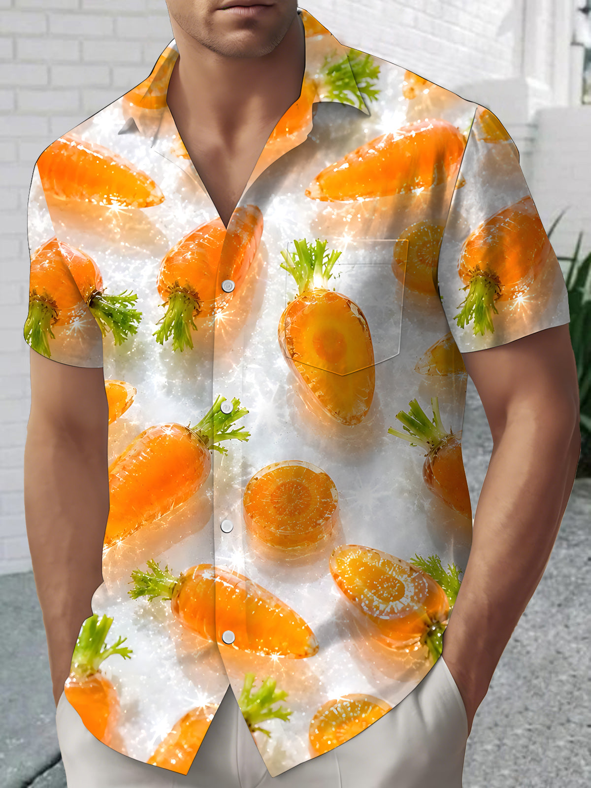 Carrot Print Men's Pocket Short Sleeve Shirts