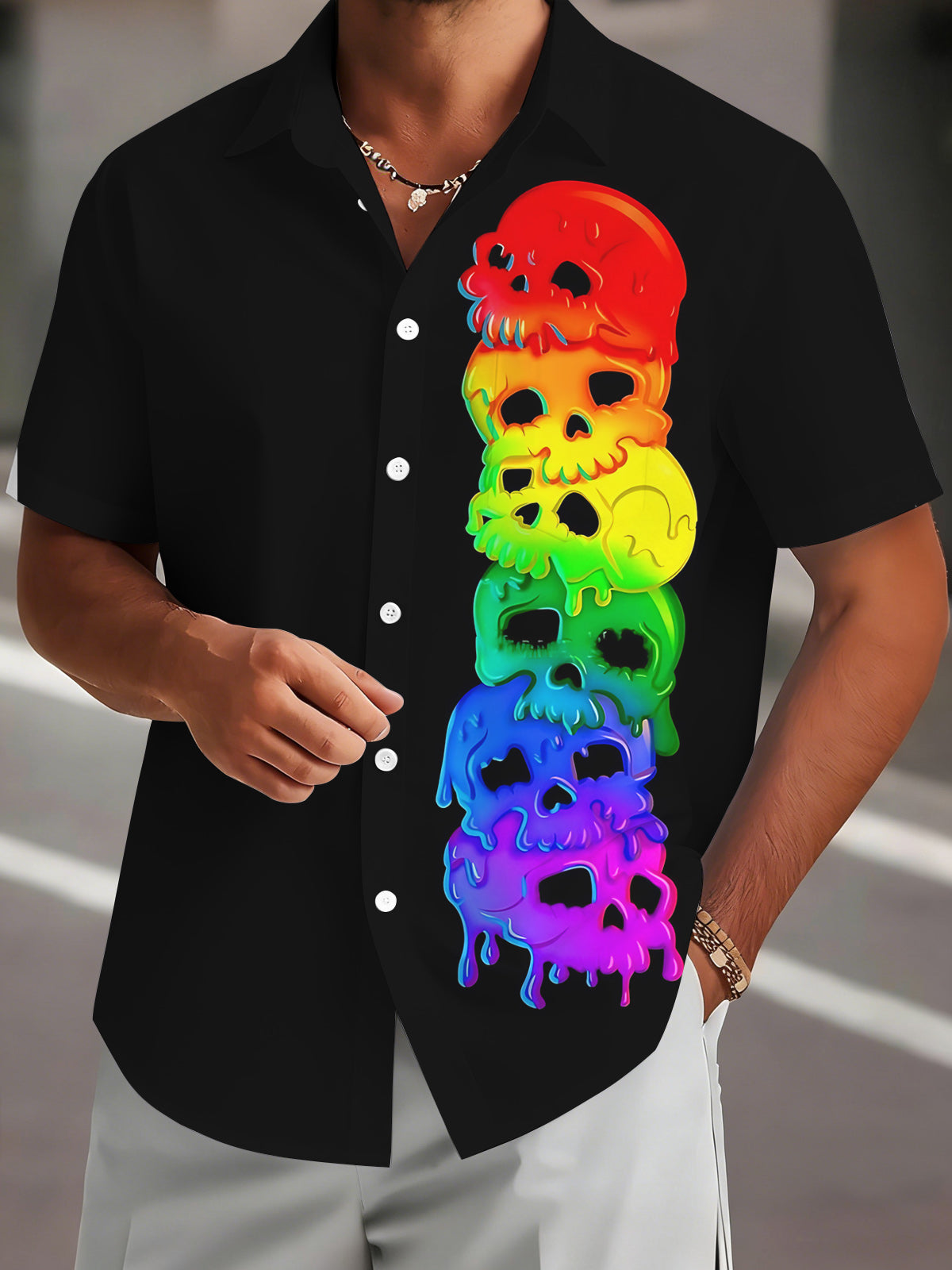 Colorful Skull Print Men's Pocket Short Sleeve Shirts