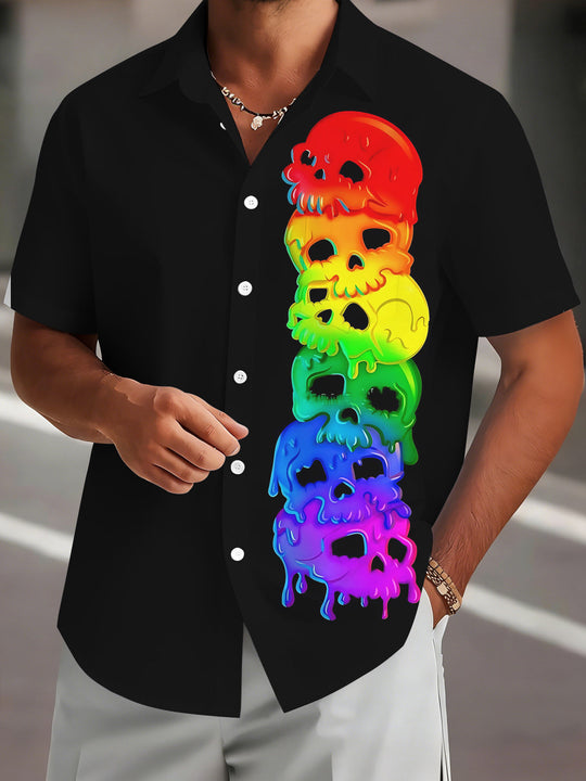 Colorful Skull Print Men's Pocket Short Sleeve Shirts